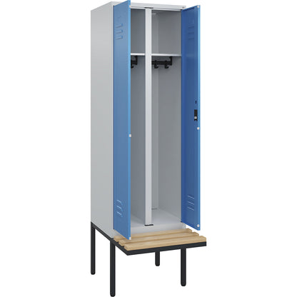 Classic PLUS clean and dirty bench seat clothes locker, centre divider, 1 compartment, light grey/light blue, W 600 mm, cylinder lock, cantilevered, beech hardwood.