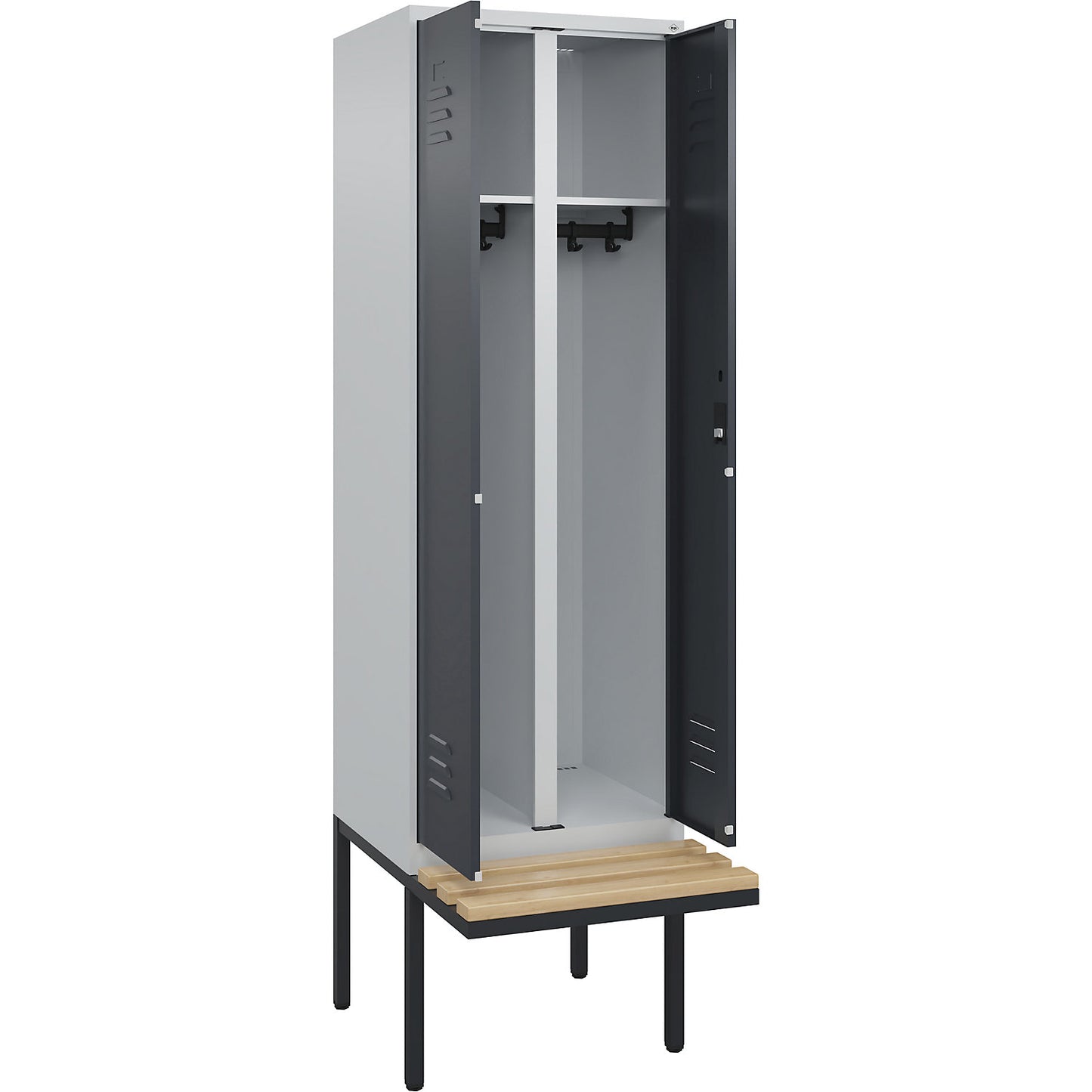Classic PLUS clean and dirty bench seat clothes locker, centre divider, 1 compartment, light grey/grey, W 600 mm, cylinder lock, cantilevered, beech hardwood.