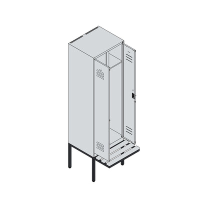 Classic PLUS clean and dirty bench seat clothes locker, centre divider, 1 compartment, light grey/grey, W 600 mm, security rotary bolt, cantilevered, beech hardwood.
