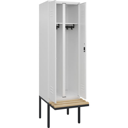 Classic PLUS clean and dirty bench seat clothes locker, centre divider, 1 compartment, traffic white, W 600 mm, cylinder lock, cantilevered, beech hardwood.