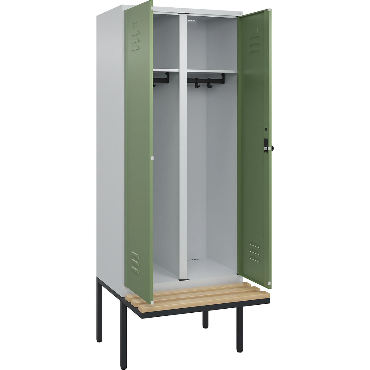 Classic PLUS clean and dirty bench seat clothes locker, centre divider, 1 compartment, light grey/reseda green, W 800 mm, security rotary bolt, cantilevered, beech hardwood.