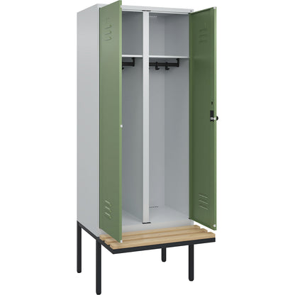 Classic PLUS clean and dirty bench seat clothes locker, centre divider, 1 compartment, light grey/reseda green, W 800 mm, security rotary bolt, cantilevered, beech hardwood.