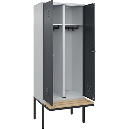 Classic PLUS clean and dirty bench seat clothes locker, centre divider, 1 compartment, light grey/grey, W 800 mm, security rotary bolt, cantilevered, beech hardwood.