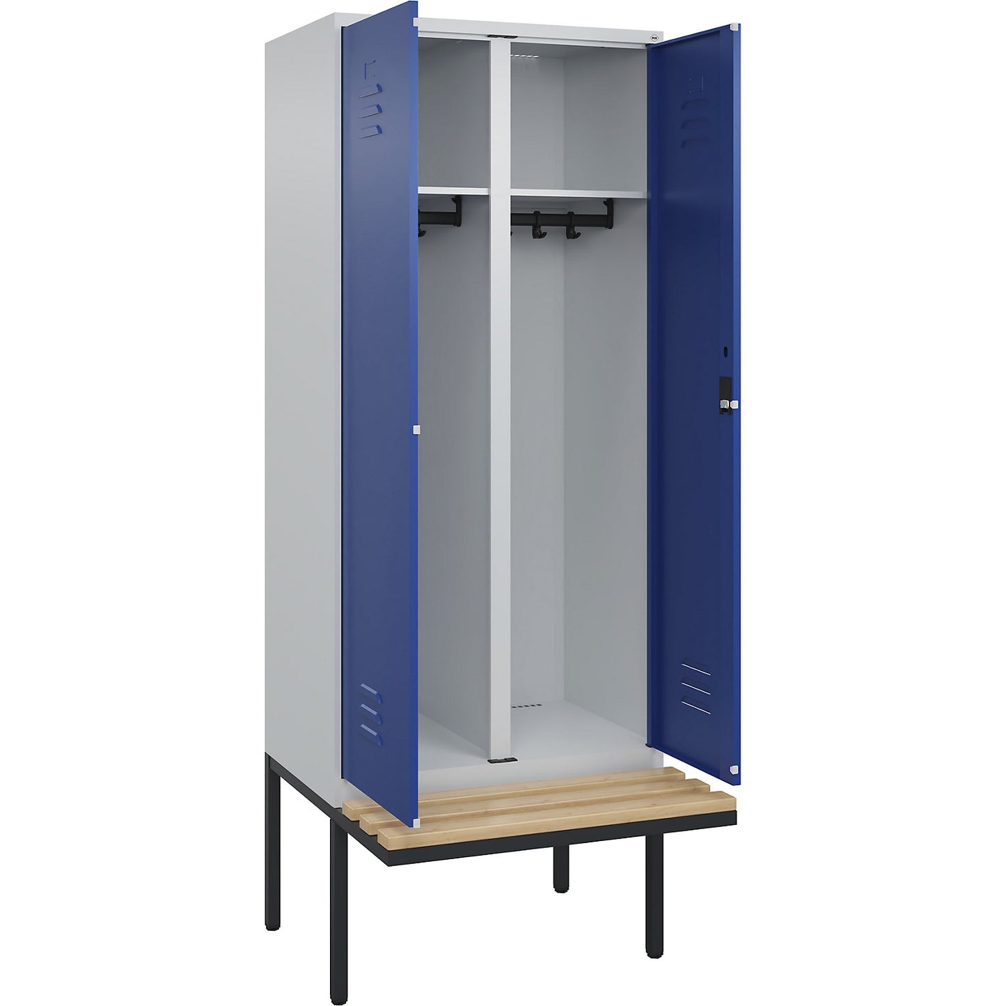 Classic PLUS clean and dirty bench seat clothes locker, centre divider, 1 compartment, light grey/gentian blue, W 800 mm, cylinder lock, cantilevered, beech hardwood.