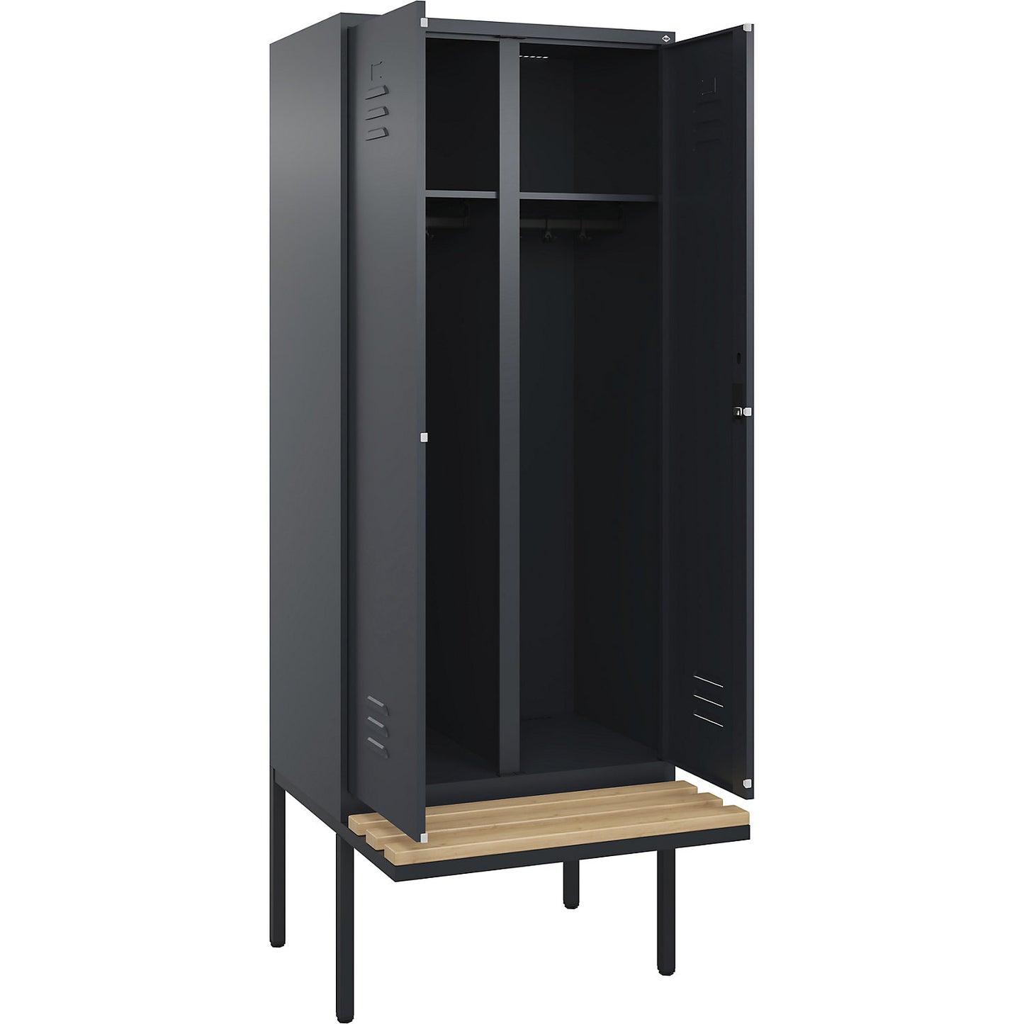 Classic PLUS clean and dirty bench seat clothes locker, centre divider, 1 compartment, grey, W 800 mm, cylinder lock, cantilevered, beech hardwood.