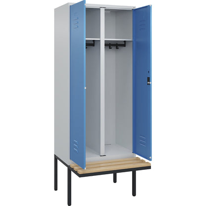 Classic PLUS clean and dirty bench seat clothes locker, centre divider, 1 compartment, light grey/light blue, W 800 mm, cylinder lock, cantilevered, beech hardwood.