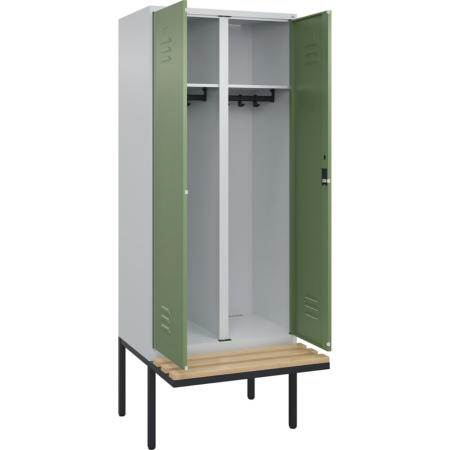 Classic PLUS clean and dirty bench seat clothes locker, centre divider, 1 compartment, light grey/reseda green, W 800 mm, cylinder lock, cantilevered, beech hardwood.