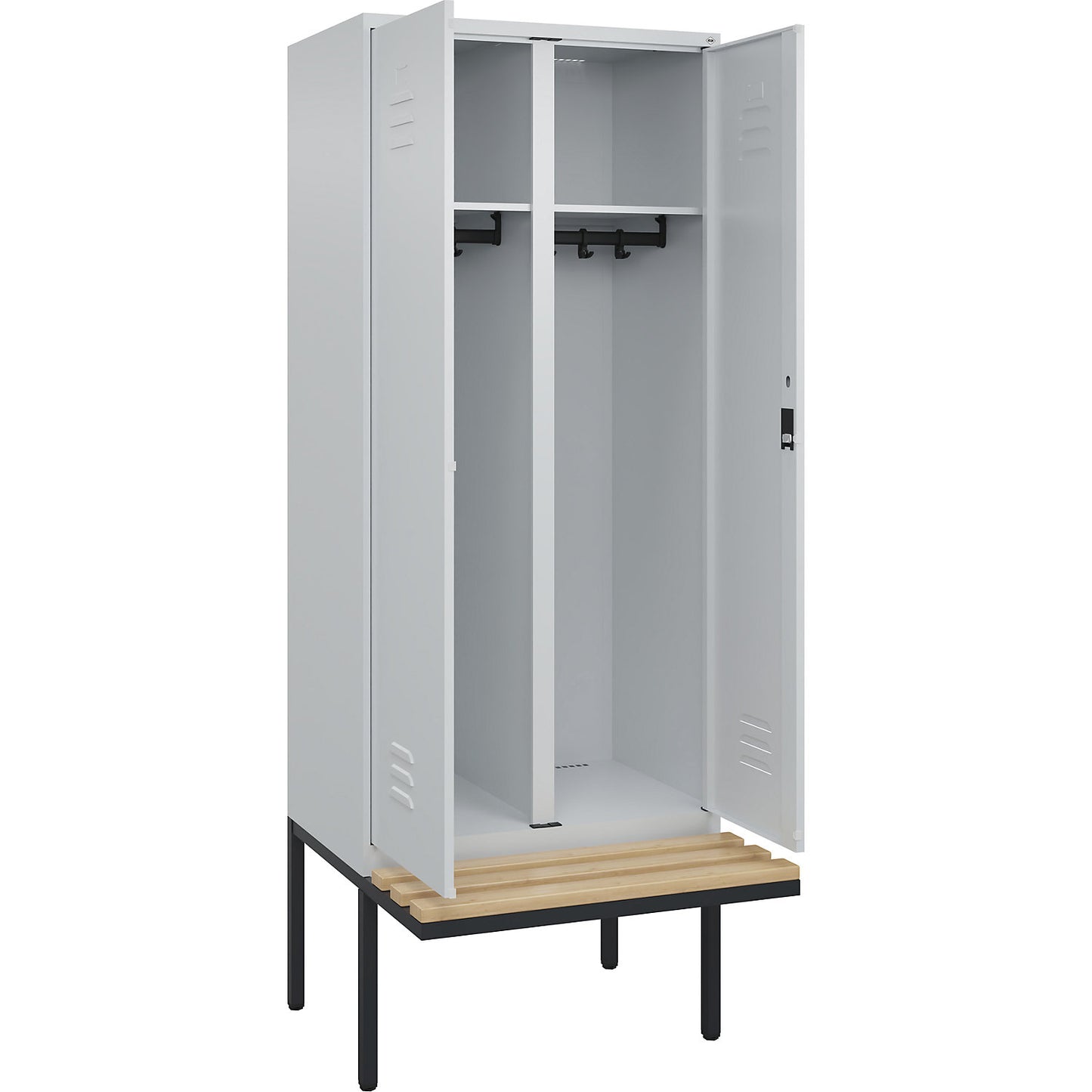 Classic PLUS clean and dirty bench seat clothes locker, centre divider, 1 compartment, light grey, W 800 mm, cylinder lock, cantilevered, beech hardwood.