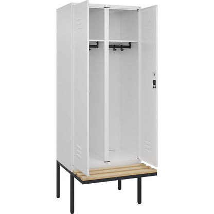 Classic PLUS clean and dirty bench seat clothes locker, centre divider, 1 compartment, traffic white, W 800 mm, cylinder lock, cantilevered, beech hardwood.