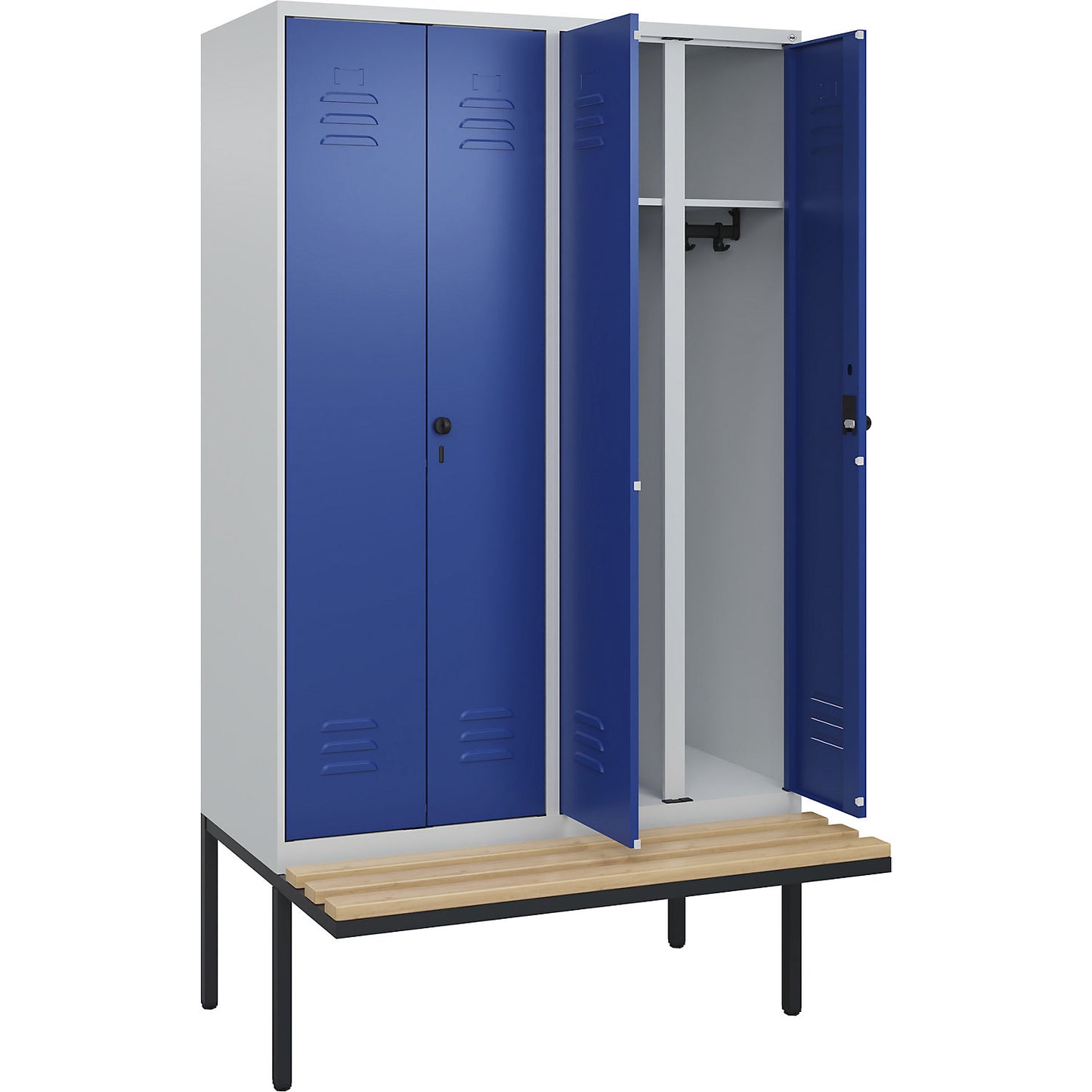 Classic PLUS clean and dirty bench seat clothes locker, centre divider, 2 compartments, light grey/gentian blue, W 1200 mm, security rotary bolt, cantilevered, beech hardwood.