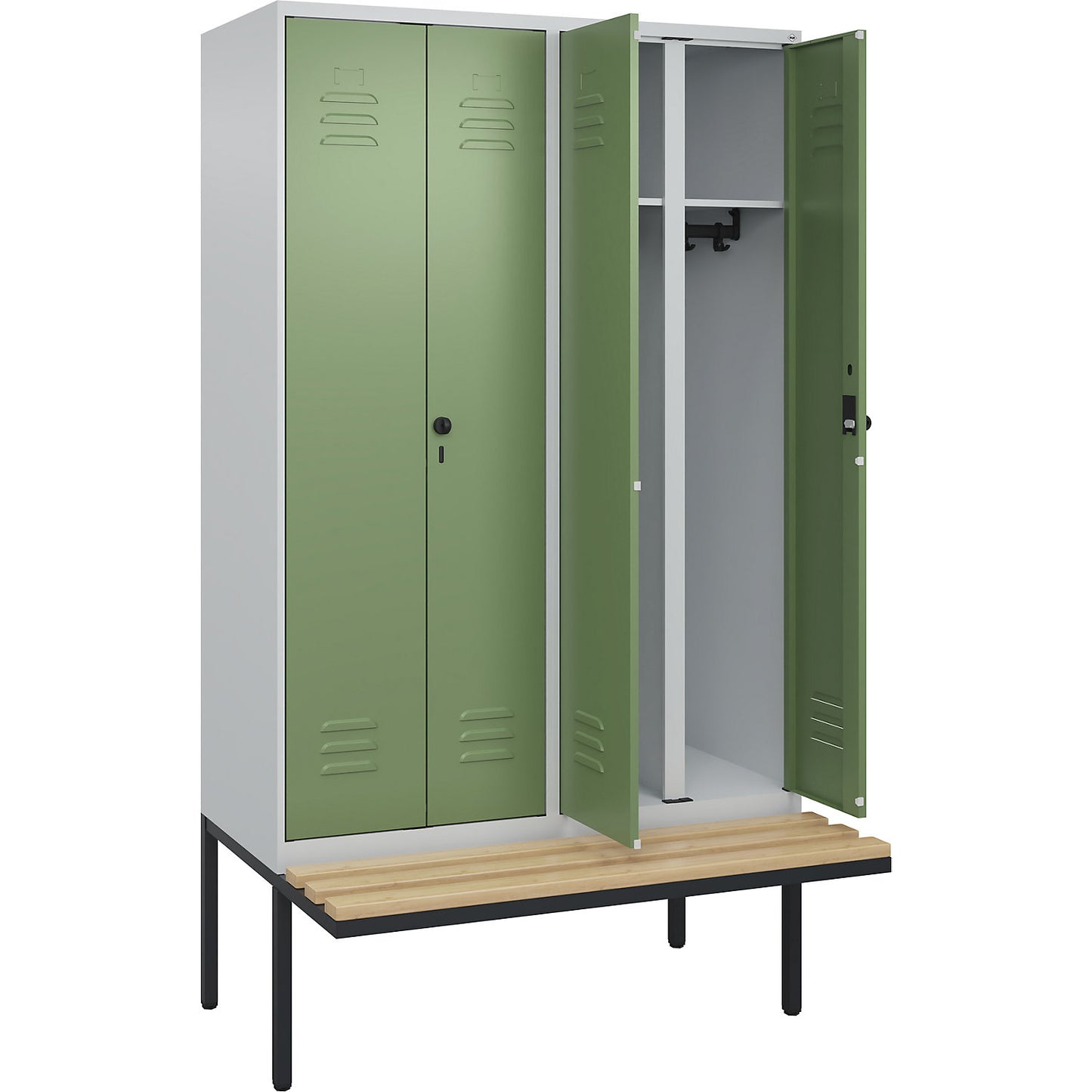 Classic PLUS clean and dirty bench seat clothes locker, centre divider, 2 compartments, light grey/reseda green, W 1200 mm, security rotary bolt, cantilevered, beech hardwood.