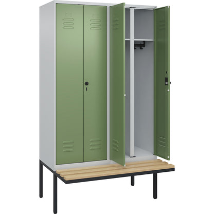 Classic PLUS clean and dirty bench seat clothes locker, centre divider, 2 compartments, light grey/reseda green, W 1200 mm, security rotary bolt, cantilevered, beech hardwood.