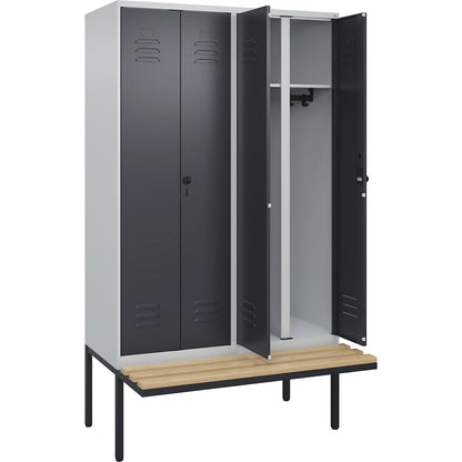 Classic PLUS clean and dirty bench seat clothes locker, centre divider, 2 compartments, light grey/grey, W 1200 mm, security rotary bolt, cantilevered, beech hardwood.