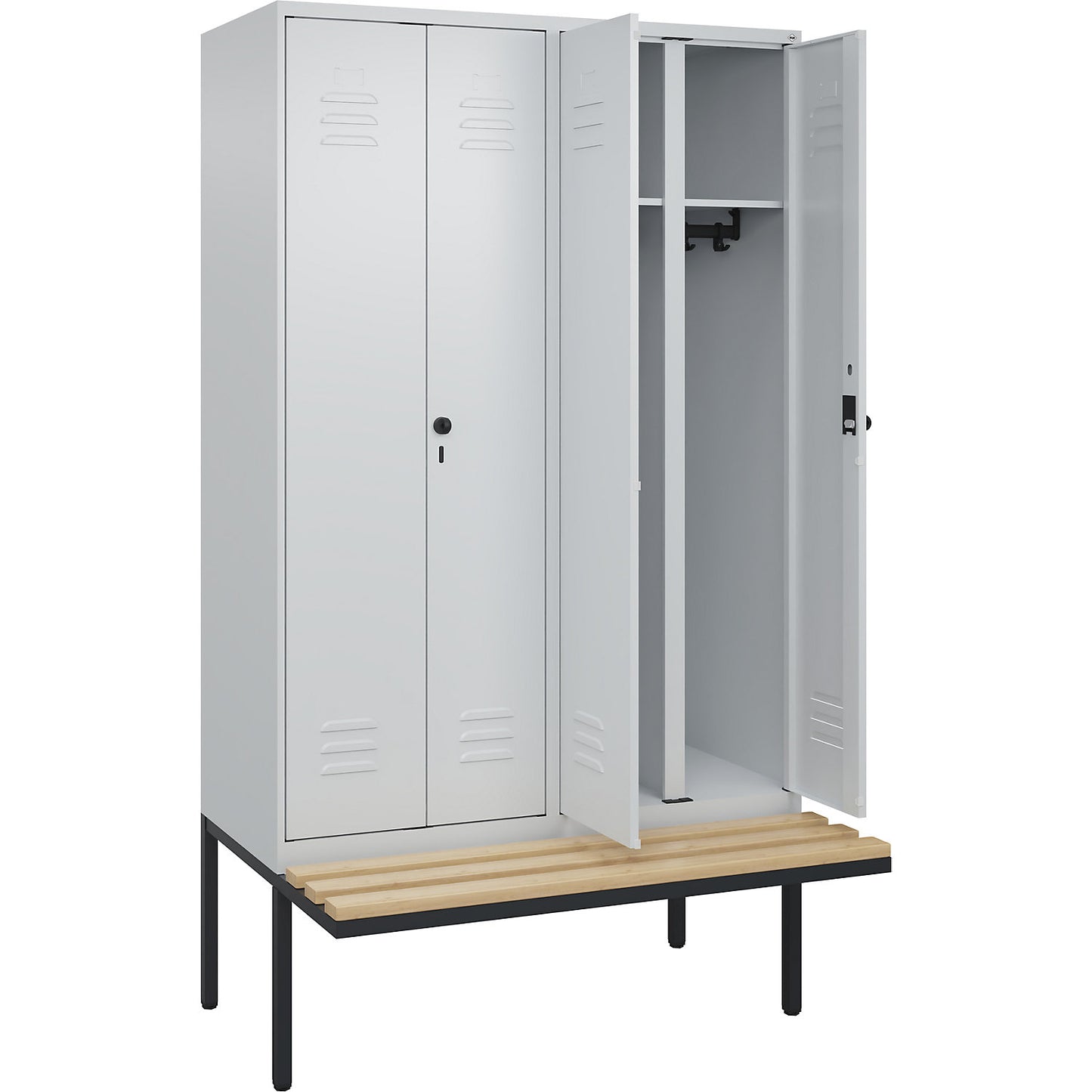 Classic PLUS clean and dirty bench seat clothes locker, centre divider, 2 compartments, light grey, W 1200 mm, security rotary bolt, cantilevered, beech hardwood.