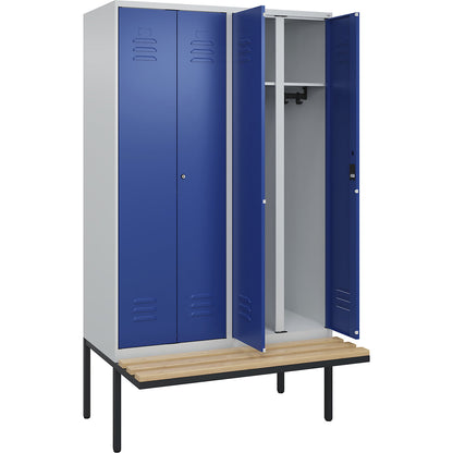 Classic PLUS clean and dirty bench seat clothes locker, centre divider, 2 compartments, light grey/gentian blue, W 1200 mm, cylinder lock, cantilevered, beech hardwood.