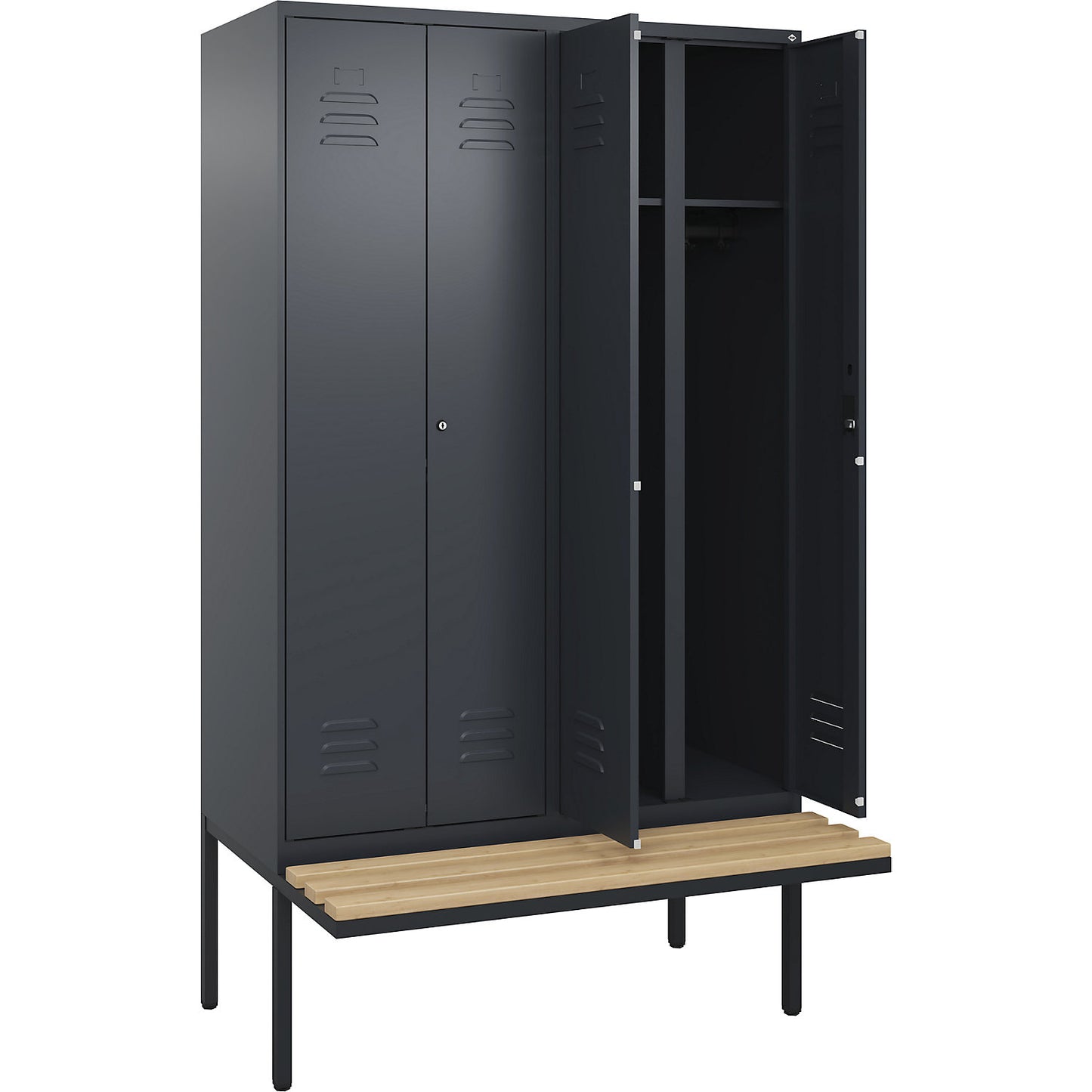 Classic PLUS clean and dirty bench seat clothes locker, centre divider, 2 compartments, grey, W 1200 mm, cylinder lock, cantilevered, beech hardwood.