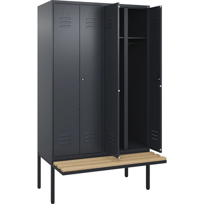 Classic PLUS clean and dirty bench seat clothes locker, centre divider, 2 compartments, grey, W 1200 mm, cylinder lock, cantilevered, beech hardwood.