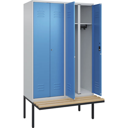 Classic PLUS clean and dirty bench seat clothes locker, centre divider, 2 compartments, light grey/light blue, W 1200 mm, cylinder lock, cantilevered, beech hardwood.