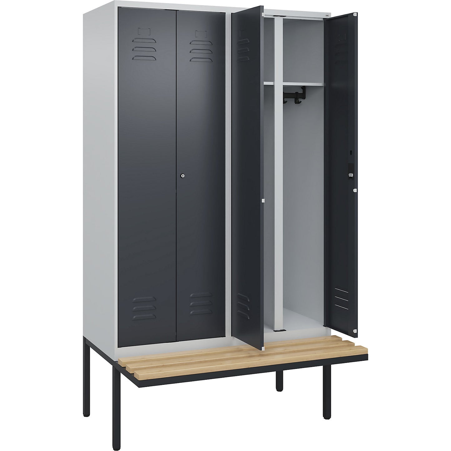 Classic PLUS clean and dirty bench seat clothes locker, centre divider, 2 compartments, light grey/grey, W 1200 mm, cylinder lock, cantilevered, beech hardwood.