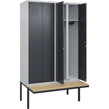 Classic PLUS clean and dirty bench seat clothes locker, centre divider, 2 compartments, light grey/grey, W 1200 mm, cylinder lock, cantilevered, beech hardwood.