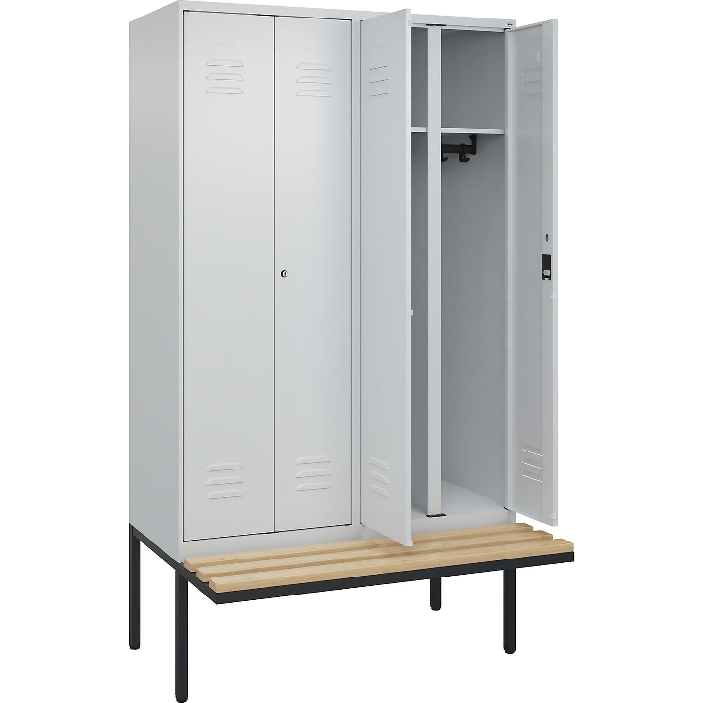 Classic PLUS clean and dirty bench seat clothes locker, centre divider, 2 compartments, light grey, W 1200 mm, cylinder lock, cantilevered, beech hardwood.