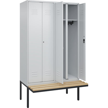 Classic PLUS clean and dirty bench seat clothes locker, centre divider, 2 compartments, light grey, W 1200 mm, cylinder lock, cantilevered, beech hardwood.