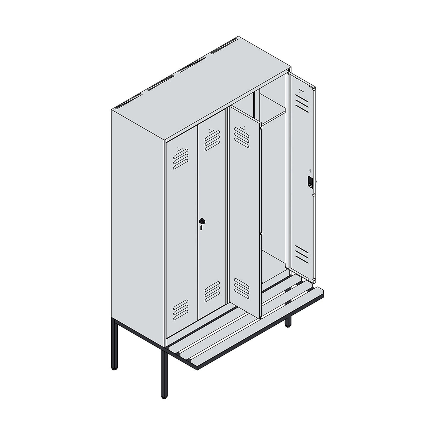 Classic PLUS clean and dirty bench seat clothes locker, centre divider, 2 compartments, light grey/light blue, W 1200 mm, security rotary bolt, cantilevered, beech hardwood.