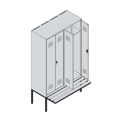 Classic PLUS clean and dirty bench seat clothes locker, centre divider, 2 compartments, light grey/light blue, W 1200 mm, security rotary bolt, cantilevered, beech hardwood.