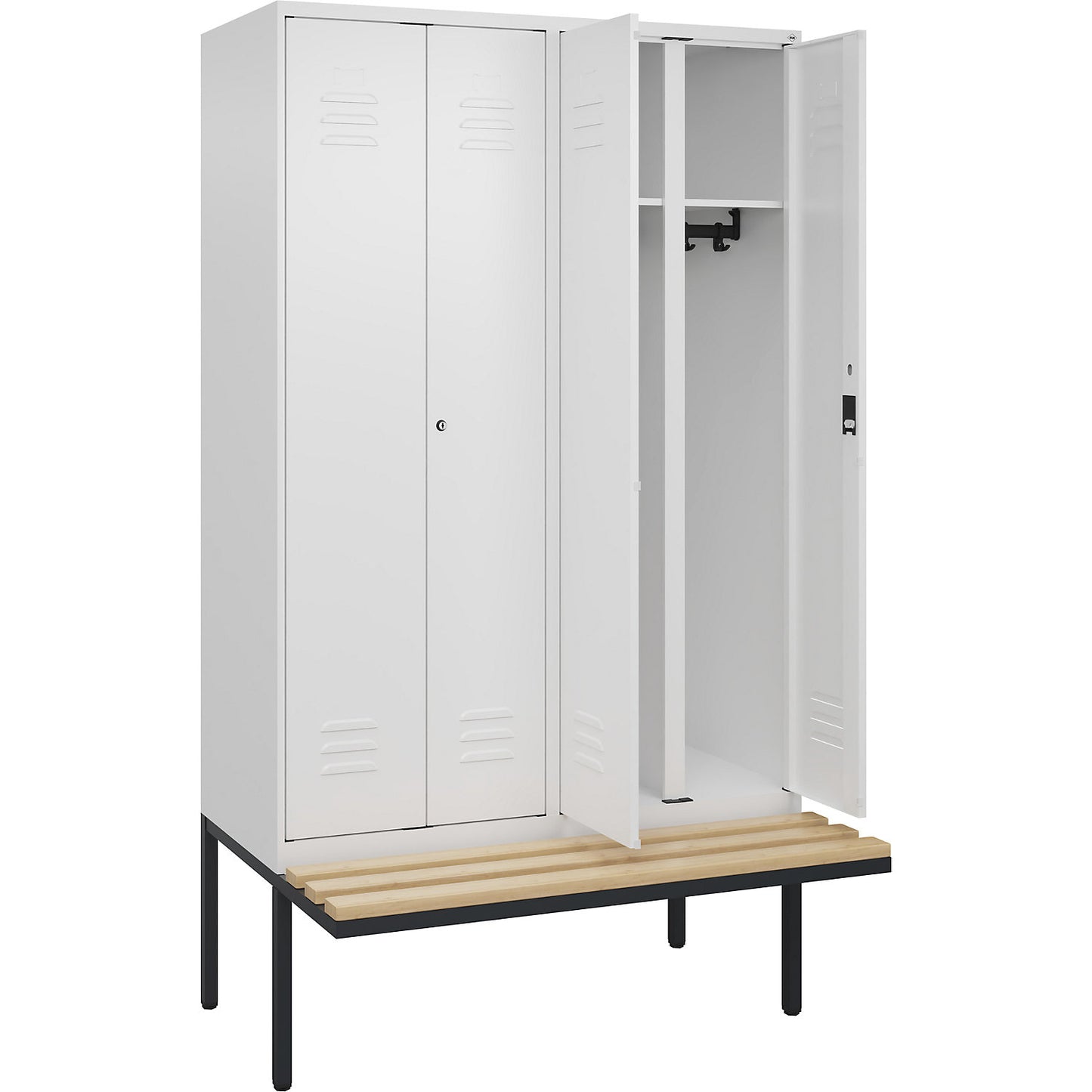 Classic PLUS clean and dirty bench seat clothes locker, centre divider, 2 compartments, traffic white, W 1200 mm, cylinder lock, cantilevered, beech hardwood.
