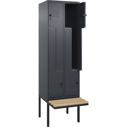 Classic PLUS bench seat Z locker, 2 compartments, grey, W 600 mm, security rotary bolt, cantilevered, beech hardwood.