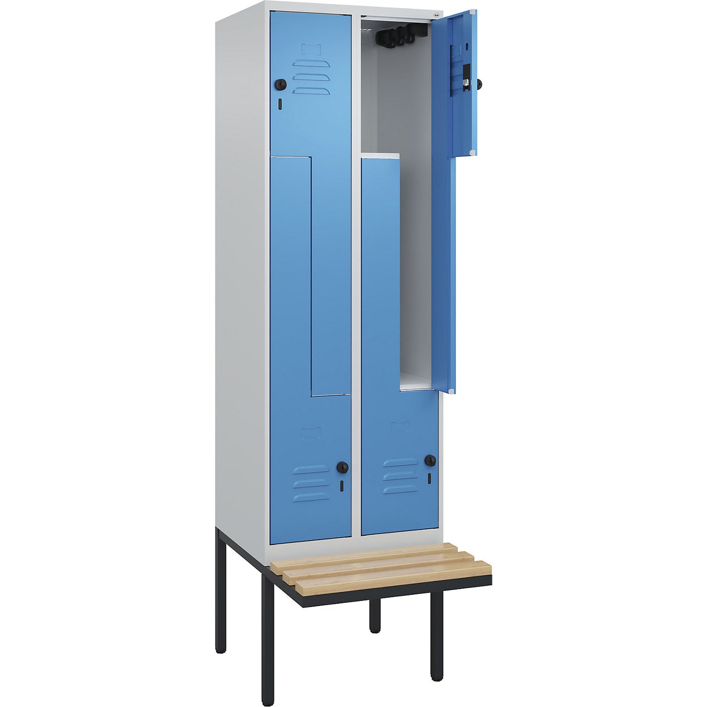 Classic PLUS bench seat Z locker, 2 compartments, light grey/light blue, W 600 mm, security rotary bolt, cantilevered, beech hardwood.