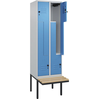 Classic PLUS bench seat Z locker, 2 compartments, light grey/light blue, W 600 mm, security rotary bolt, cantilevered, beech hardwood.