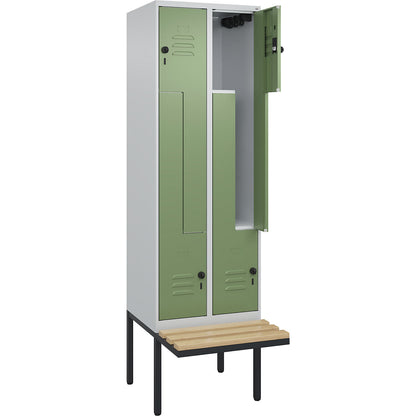 Classic PLUS bench seat Z locker, 2 compartments, light grey/reseda green, W 600 mm, security rotary bolt, cantilevered, beech hardwood.