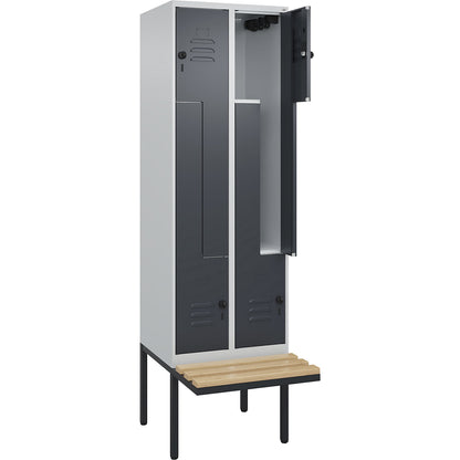 Classic PLUS bench seat Z locker, 2 compartments, light grey/grey, W 600 mm, security rotary bolt, cantilevered, beech hardwood.