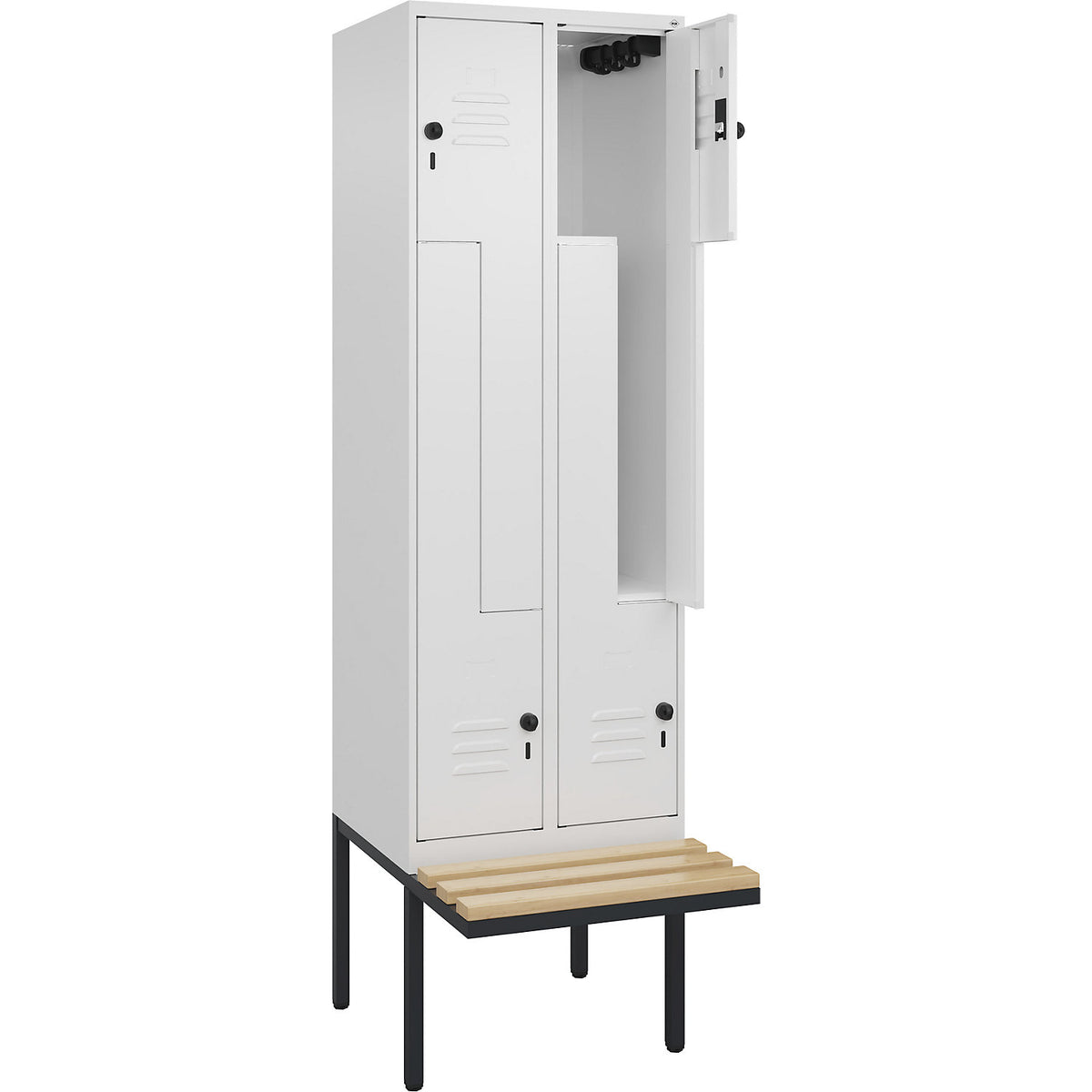 Classic PLUS bench seat Z locker, 2 compartments, traffic white, W 600 mm, security rotary bolt, cantilevered, beech hardwood.