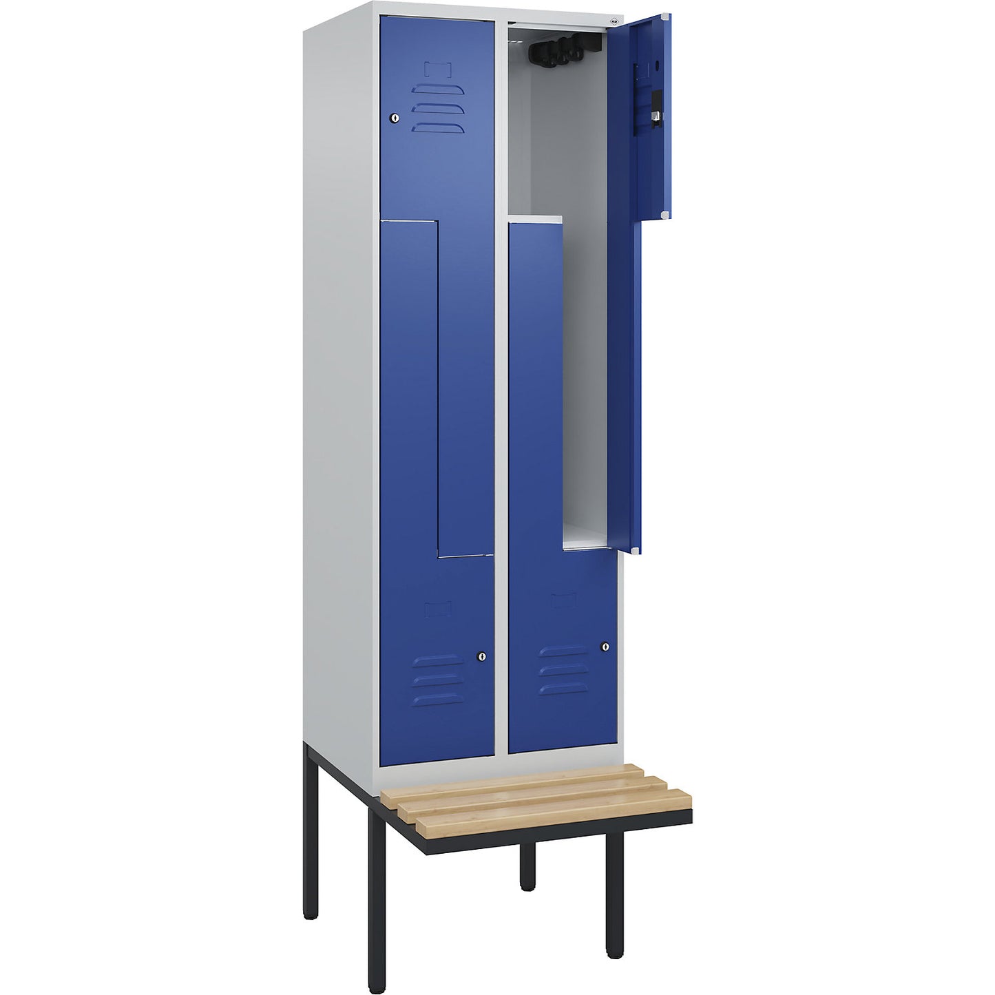 Classic PLUS bench seat Z locker, 2 compartments, light grey/gentian blue, W 600 mm, cylinder lock, cantilevered, beech hardwood.