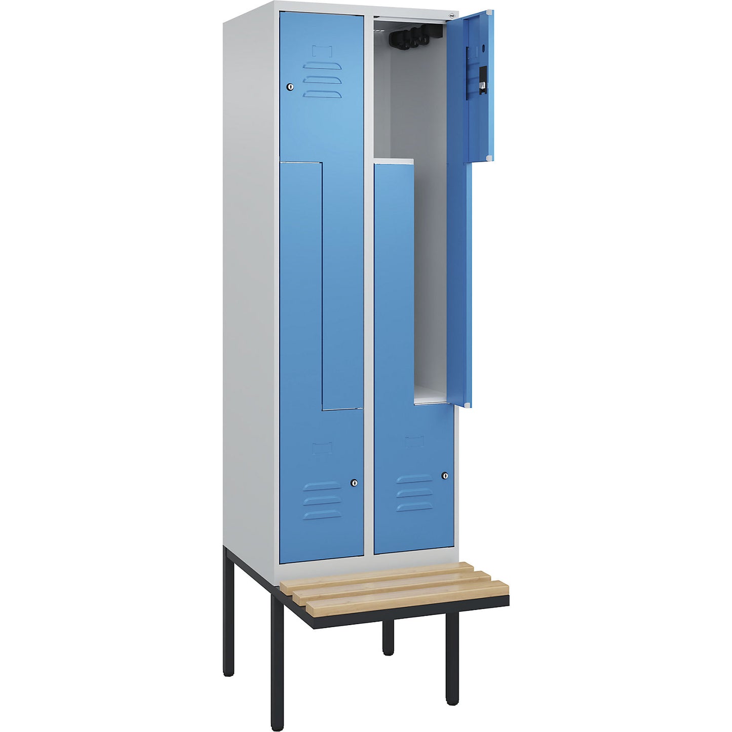 Classic PLUS bench seat Z locker, 2 compartments, light grey/light blue, W 600 mm, cylinder lock, cantilevered, beech hardwood.