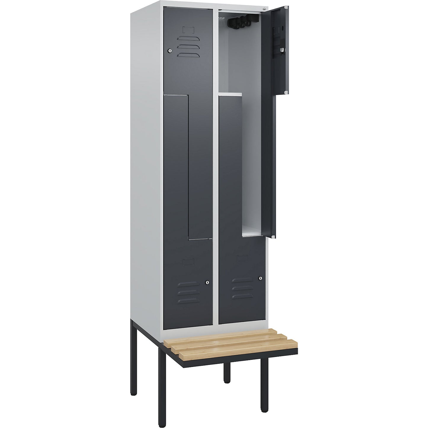 Classic PLUS bench seat Z locker, 2 compartments, light grey/grey, W 600 mm, cylinder lock, cantilevered, beech hardwood.