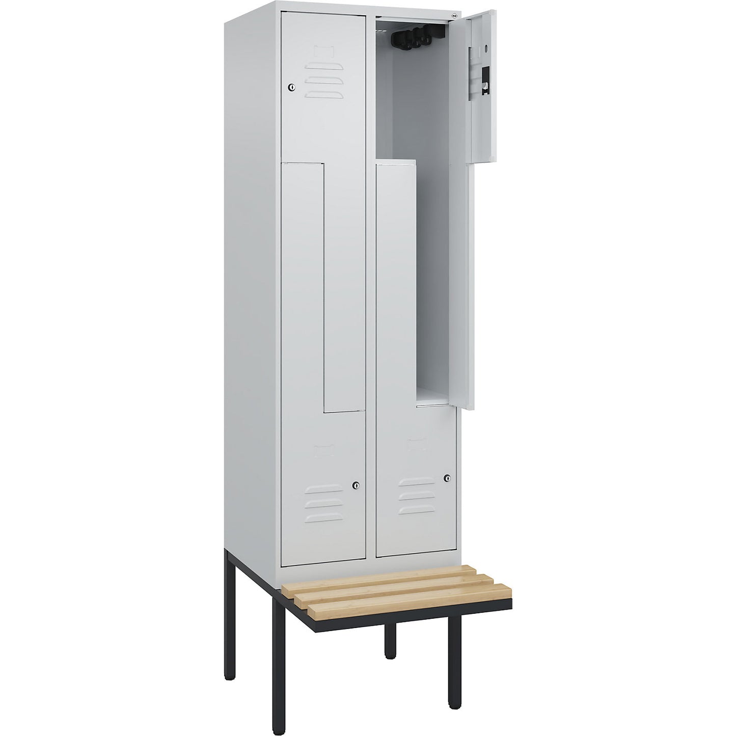 Classic PLUS bench seat Z locker, 2 compartments, light grey, W 600 mm, cylinder lock, cantilevered, beech hardwood.