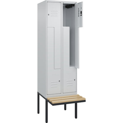 Classic PLUS bench seat Z locker, 2 compartments, light grey, W 600 mm, cylinder lock, cantilevered, beech hardwood.