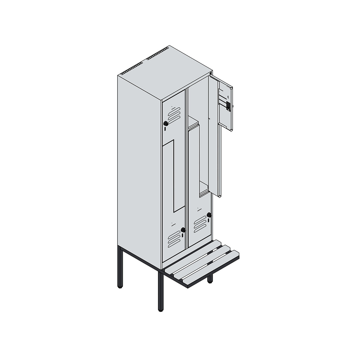 Classic PLUS bench seat Z locker, 2 compartments, traffic white, W 600 mm, security rotary bolt, cantilevered, beech hardwood.