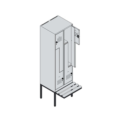 Classic PLUS bench seat Z locker, 2 compartments, light grey/grey, W 600 mm, security rotary bolt, cantilevered, beech hardwood.