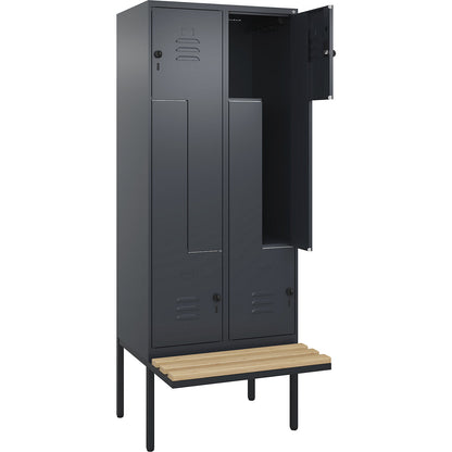Classic PLUS bench seat Z locker, 2 compartments, grey, W 800 mm, security rotary bolt, cantilevered, beech hardwood.