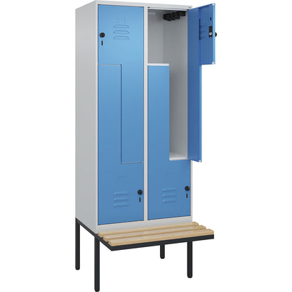 Classic PLUS bench seat Z locker, 2 compartments, light grey/light blue, W 800 mm, security rotary bolt, cantilevered, beech hardwood.