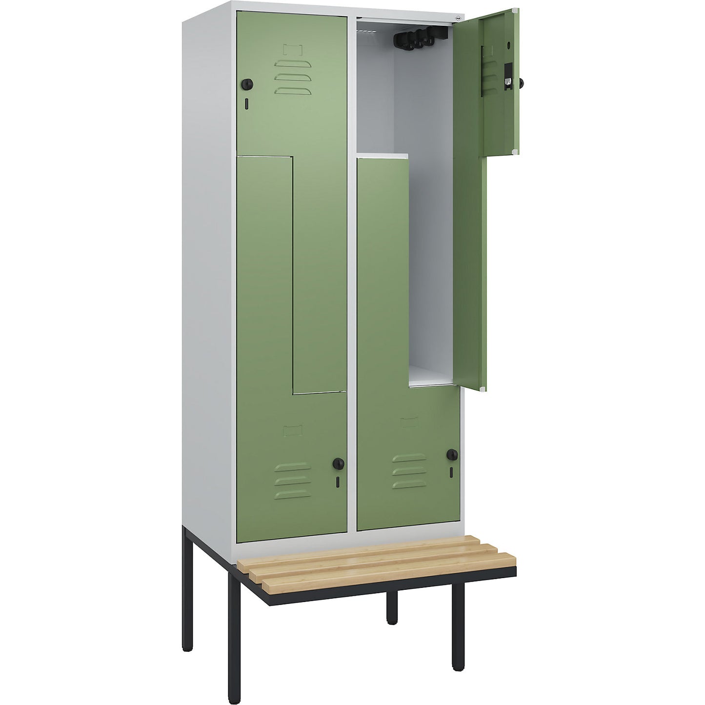 Classic PLUS bench seat Z locker, 2 compartments, light grey/reseda green, W 800 mm, security rotary bolt, cantilevered, beech hardwood.