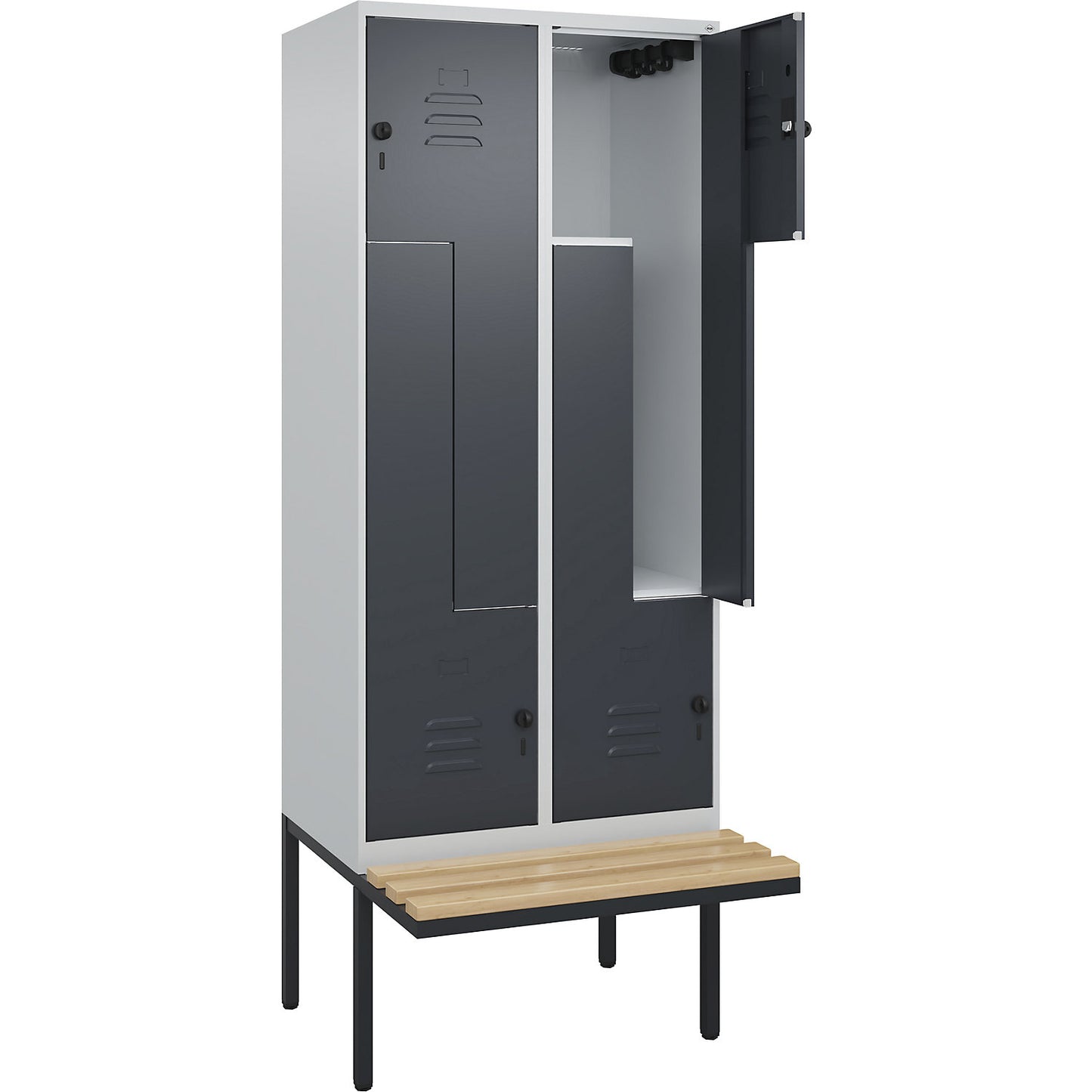 Classic PLUS bench seat Z locker, 2 compartments, light grey/grey, W 800 mm, security rotary bolt, cantilevered, beech hardwood.