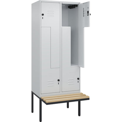Classic PLUS bench seat Z locker, 2 compartments, light grey, W 800 mm, security rotary bolt, cantilevered, beech hardwood.