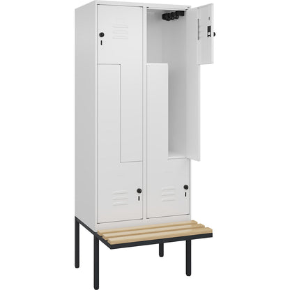 Classic PLUS bench seat Z locker, 2 compartments, traffic white, W 800 mm, security rotary bolt, cantilevered, beech hardwood.