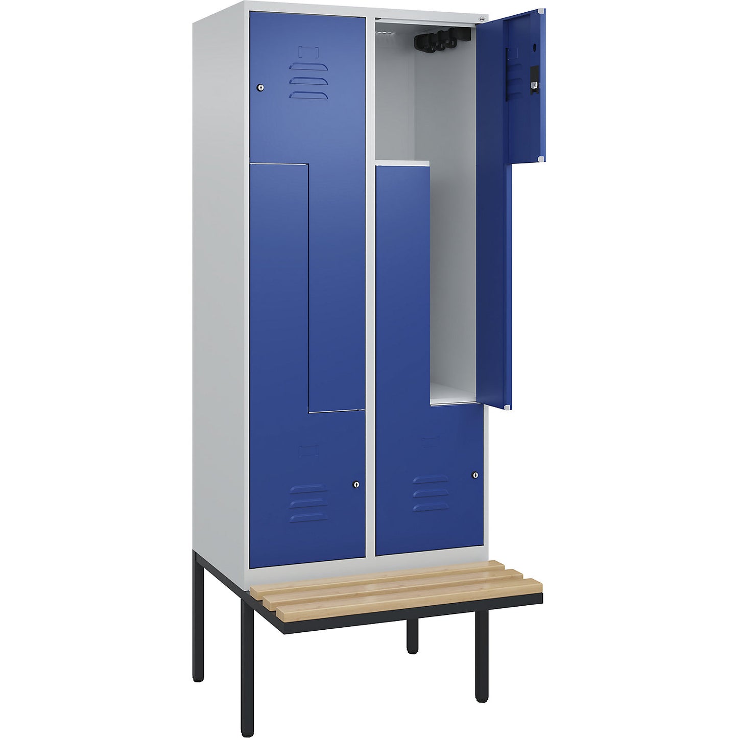 Classic PLUS bench seat Z locker, 2 compartments, light grey/gentian blue, W 800 mm, cylinder lock, cantilevered, beech hardwood.