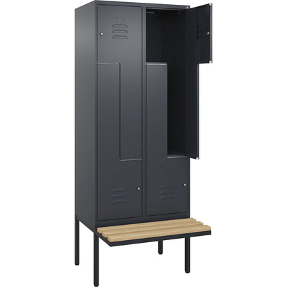 Classic PLUS bench seat Z locker, 2 compartments, grey, W 800 mm, cylinder lock, cantilevered, beech hardwood.